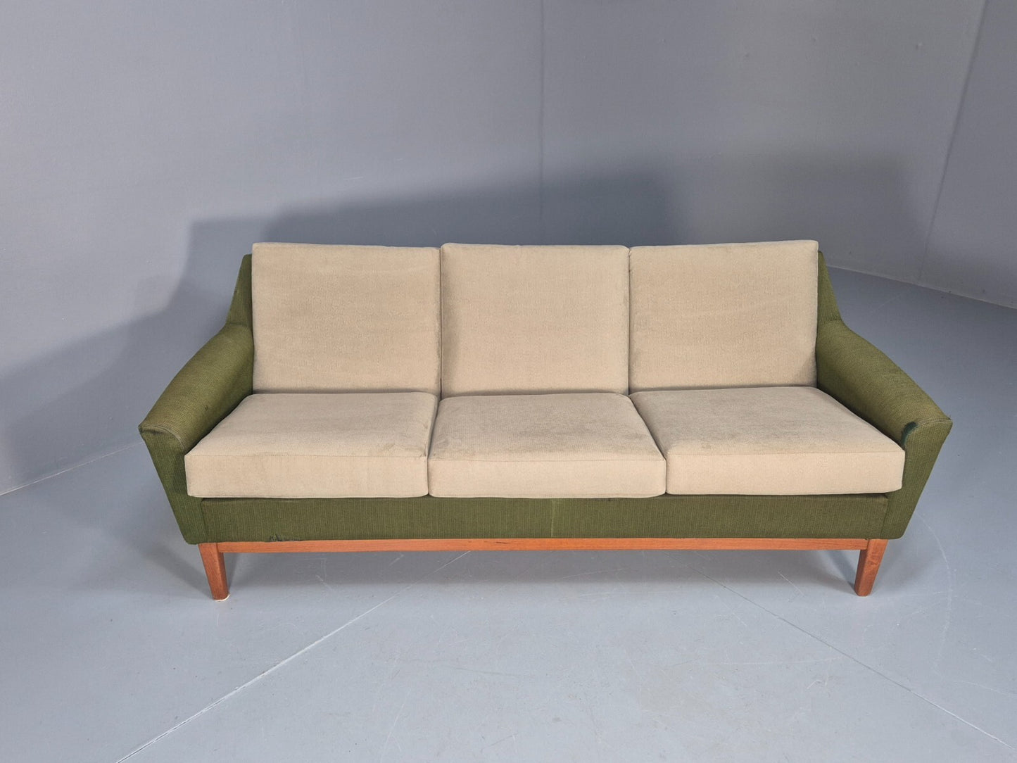 Mid Century 3 Seater Sofa Green Cream Fabric Teak Vintage Scandi EB9794 M3SS - UKDK FURNITURE