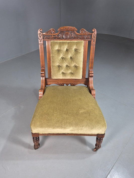 Vintage Lounge Chair Green Velour Oak Frame Victorian Antique EB8221 VCLO - UKDK FURNITURE
