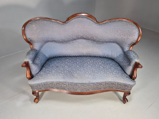 Vintage Danish 2 Seat Sofa Blue Floral Mahogany Camel Back Antique EB8008 V2SS - UKDK FURNITURE