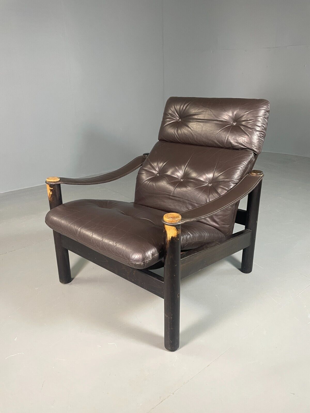 Vintage Danish Lounge Chair Brown Leather Sling Arms Retro MCM EB6867 MNOR - UKDK FURNITURE
