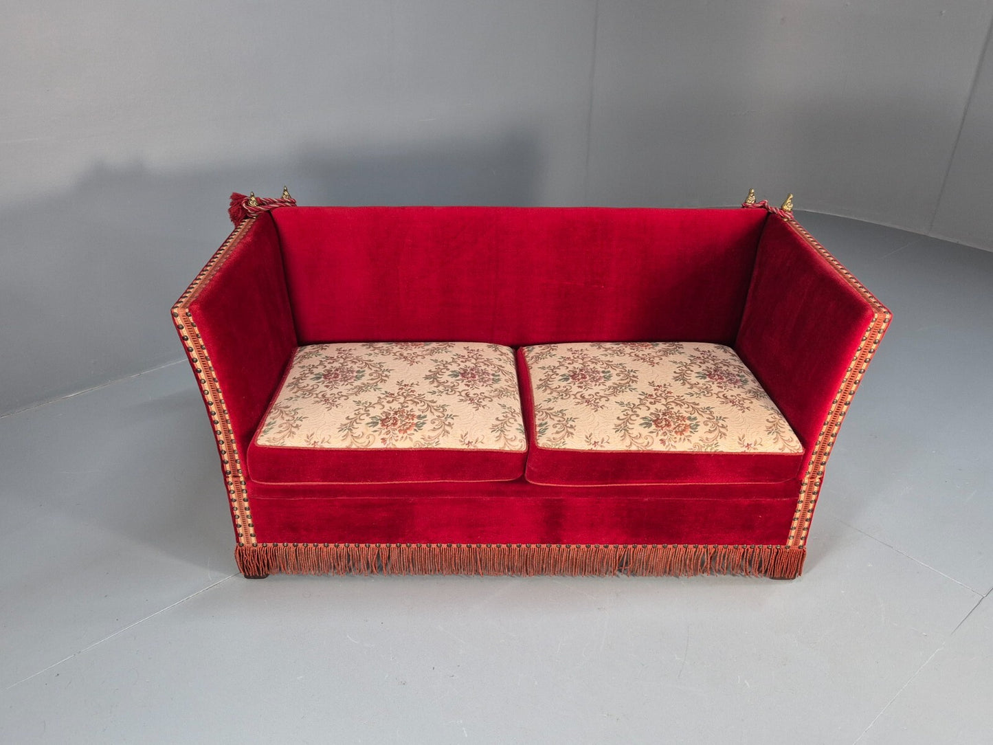 Vintage Danish Knowle Sofa Red Velour Cream Reversible Cushions 60s EB9648 V2SS - UKDK FURNITURE