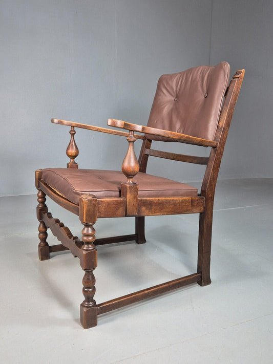 Vintage Danish Lounge Chair Brown leather Oak Frame Jacobean Style EB8089 VCAR - UKDK FURNITURE