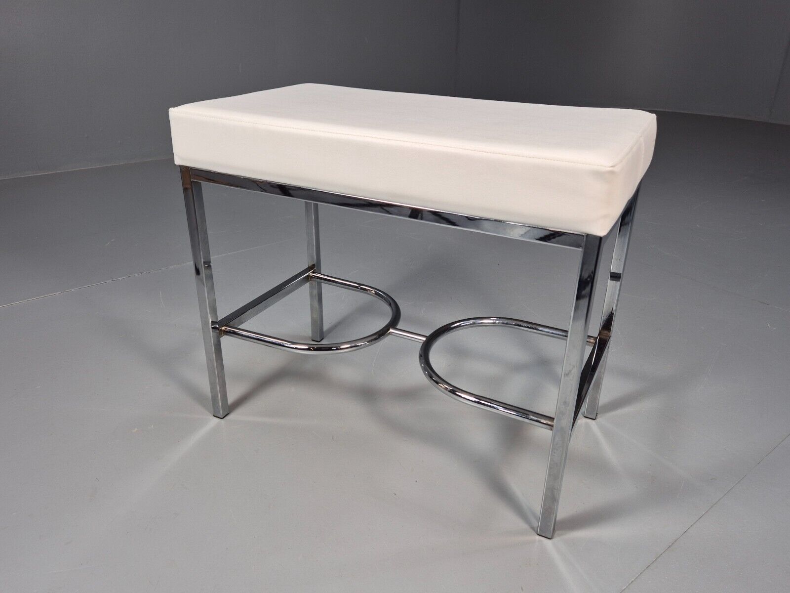 VintagePiano or Dressing Table Stool White Vinyl Chrome 1980s Retro EB9162 MFOO - UKDK FURNITURE