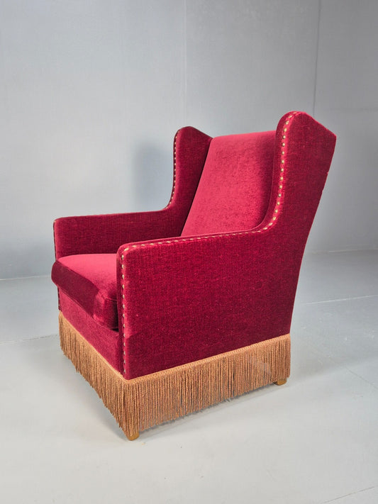 Vintage Danish Wingback Lounge Chair Red Velour Tassels 1940s Retro EB9614 VCLO - UKDK FURNITURE