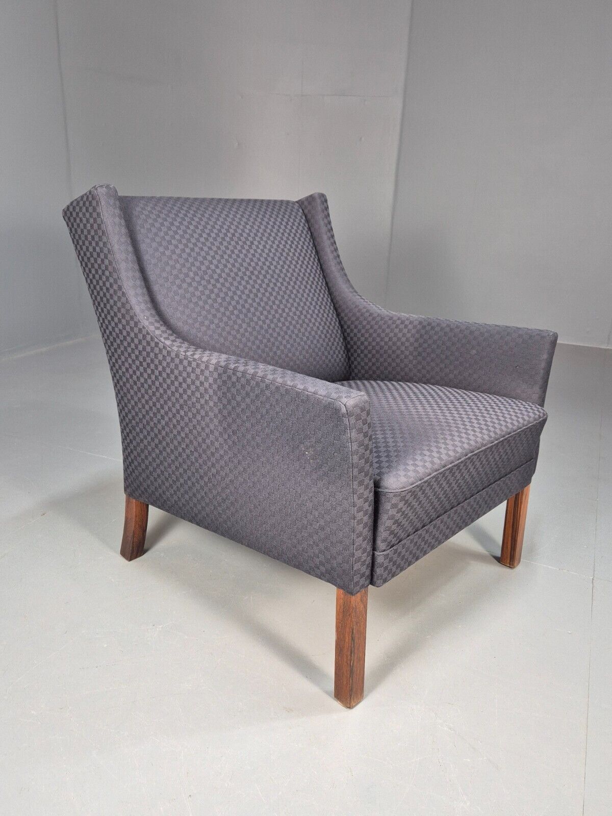 Vintage Danish Lounge Chair Blue Check Cotton 1960s Retro MCM EB8694 MNOR - UKDK FURNITURE