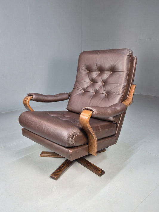 Vintage Danish Swivel Lounge Chair Brown Leather Bentwood 1970s MCM EB8554 MBEN - UKDK FURNITURE