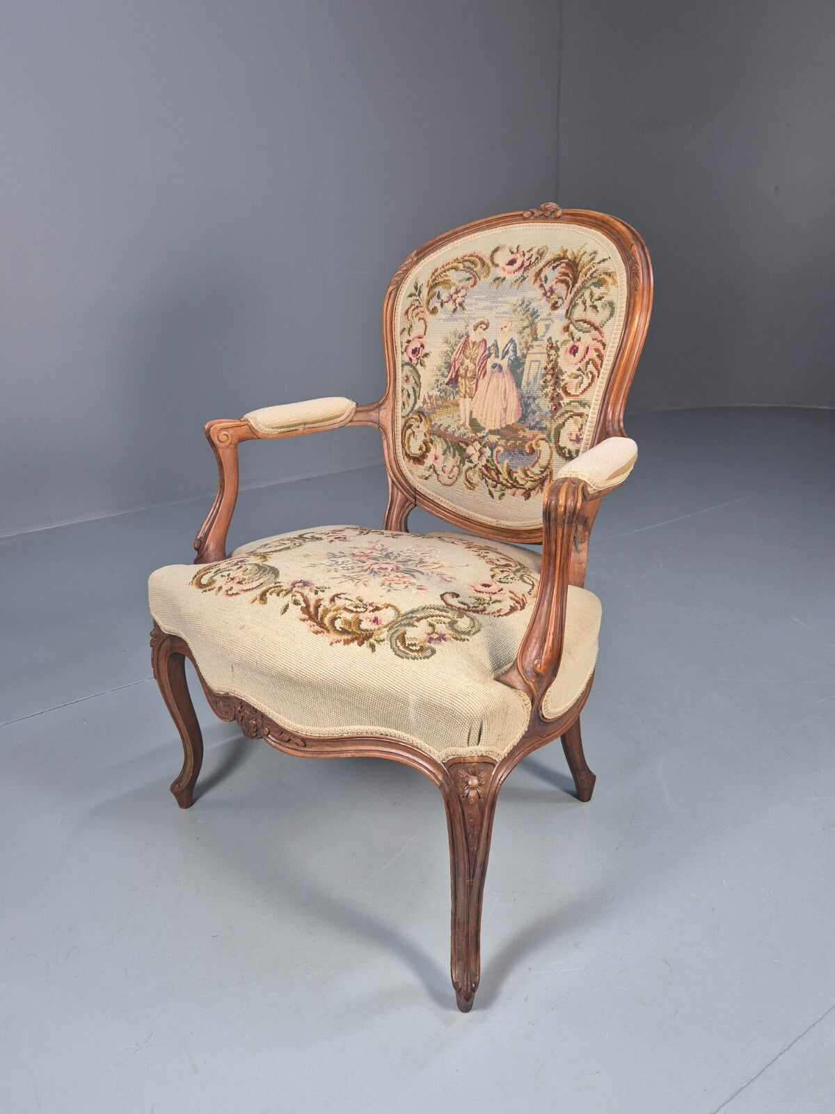 Antique Danish Lounge Chair Embroidered Lovers Tapestry French Style EB9637 VCAR - UKDK FURNITURE