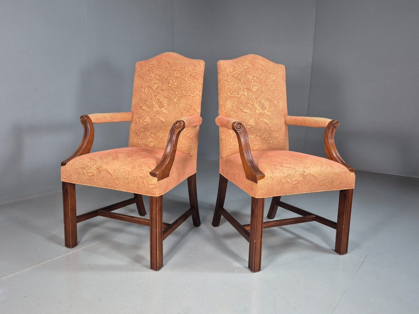 2 Vintage Lounge Chair Peach Floral Cotton Georgian Style 1980 Repro EB8215 VCLO - UKDK FURNITURE