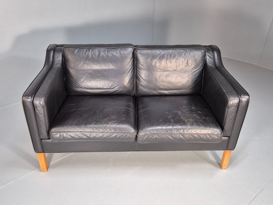 Vintage Danish 2 Sesat Black Leather Sofa Borge Mogensen Style 1970s EB9073 M2SS - UKDK FURNITURE