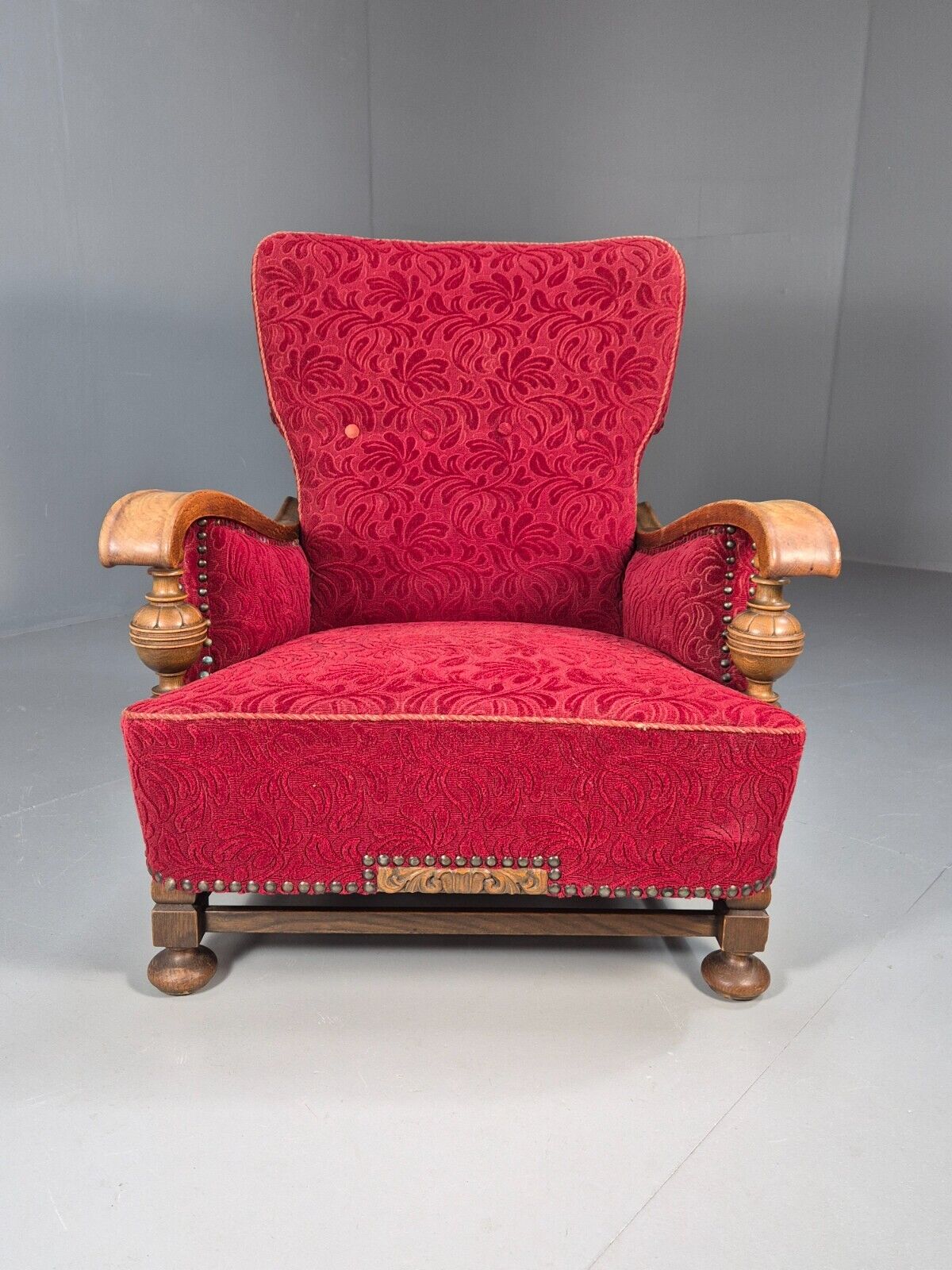 Vintage Danish Lounge Chair Red Moquette Oak Frame 1940s Retro EB8937 VCLO - UKDK FURNITURE