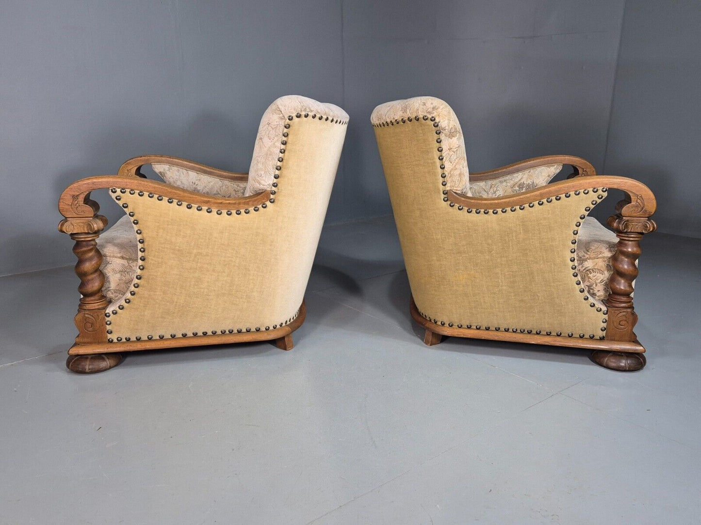2 Vintage Danish Lounge Chair Floral Cotton Oak Detailing Antique Deco 1920 VCLO - UKDK FURNITURE