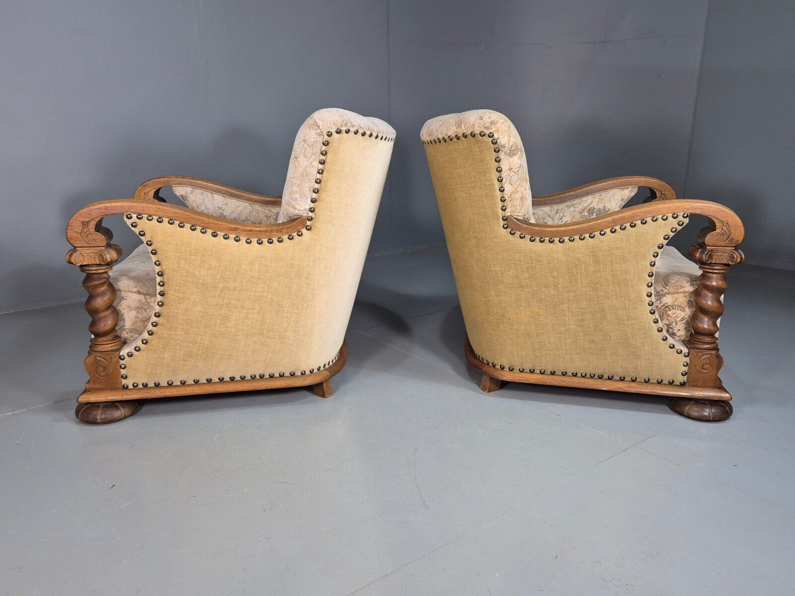 2 Vintage Danish Lounge Chair Floral Cotton Oak Detailing Antique Deco 1920 VCLO - UKDK FURNITURE
