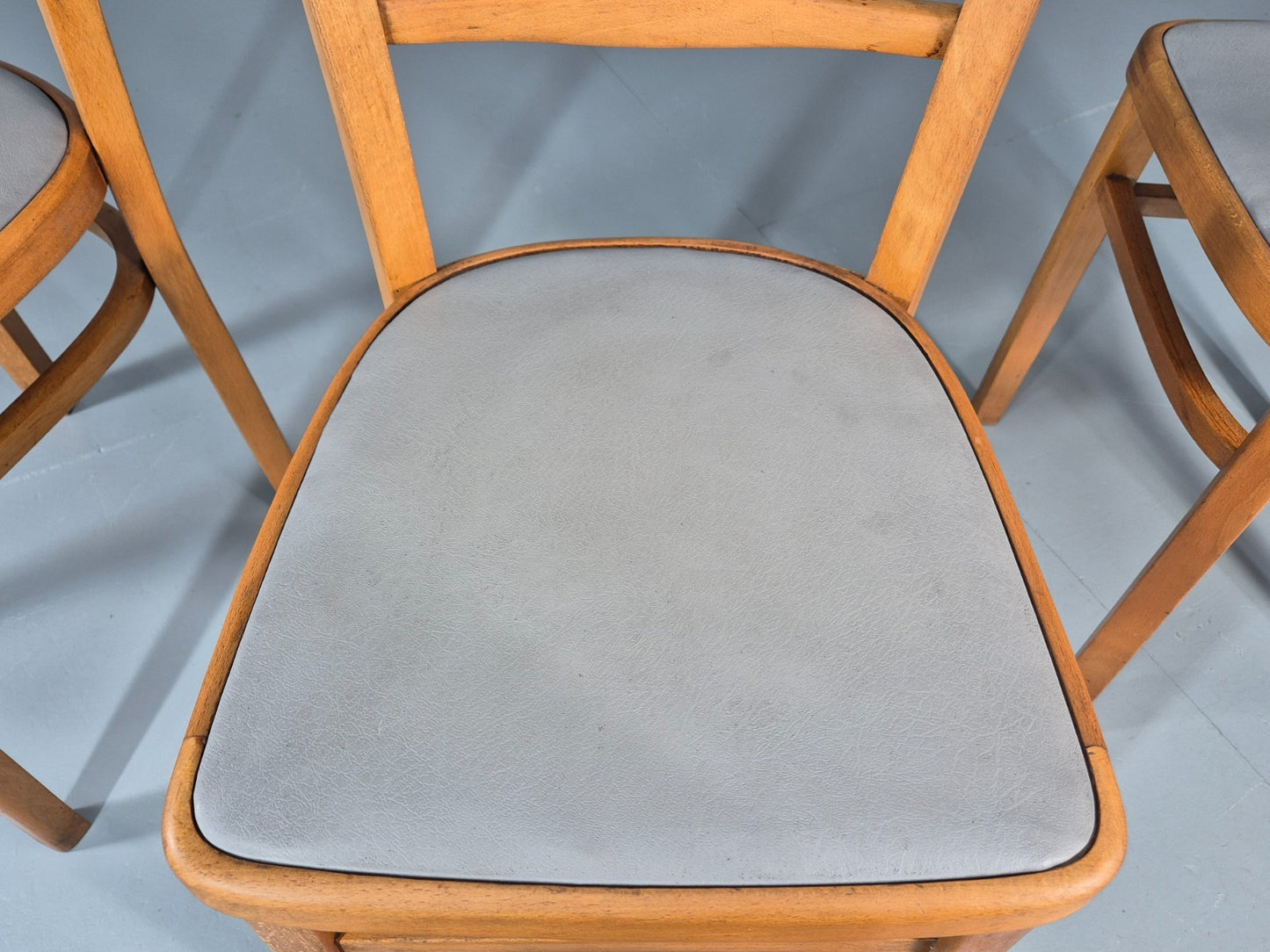 3 1960s Kitchen Chairs Beech Frame Grey Vinyl Seats Retro EB11475 MDIN19