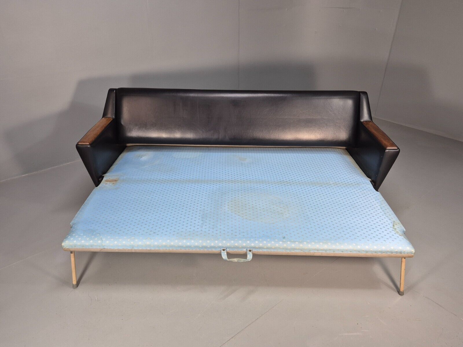 Vintage Danish Sofa Bed Black Vinyl Teak Paws Legs Reupholstery MCM EB7273 M4SS - UKDK FURNITURE