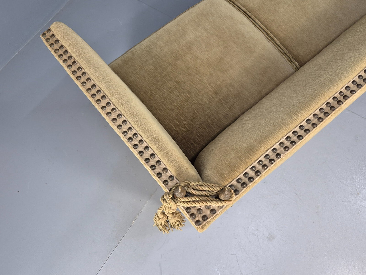Vintage Two Seater Sofa Green Velour Studded Tassels Danish Design EB9549 V2SS - UKDK FURNITURE