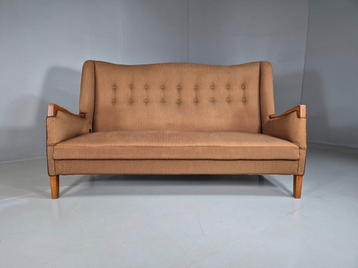 Vintage Danish 3 Seat Sofa Brown Wool High Back 1950s Retro MCM EB7504 M3SS - UKDK FURNITURE