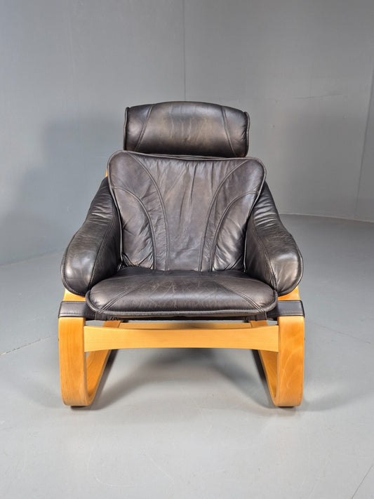 Vintage Danish Lounge Chair Black Leather and Bentwood 1980s Retro EB9496 MBEN - UKDK FURNITURE