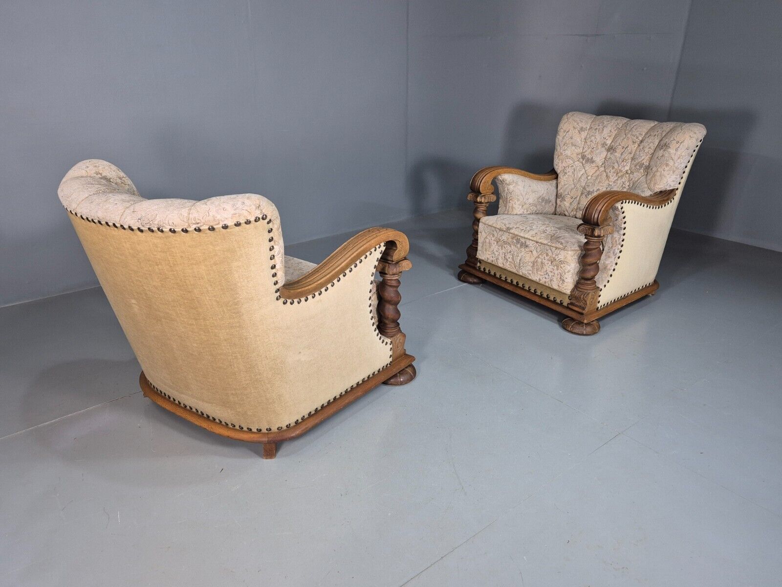 2 Vintage Danish Lounge Chair Floral Cotton Oak Detailing Antique Deco 1920 VCLO - UKDK FURNITURE