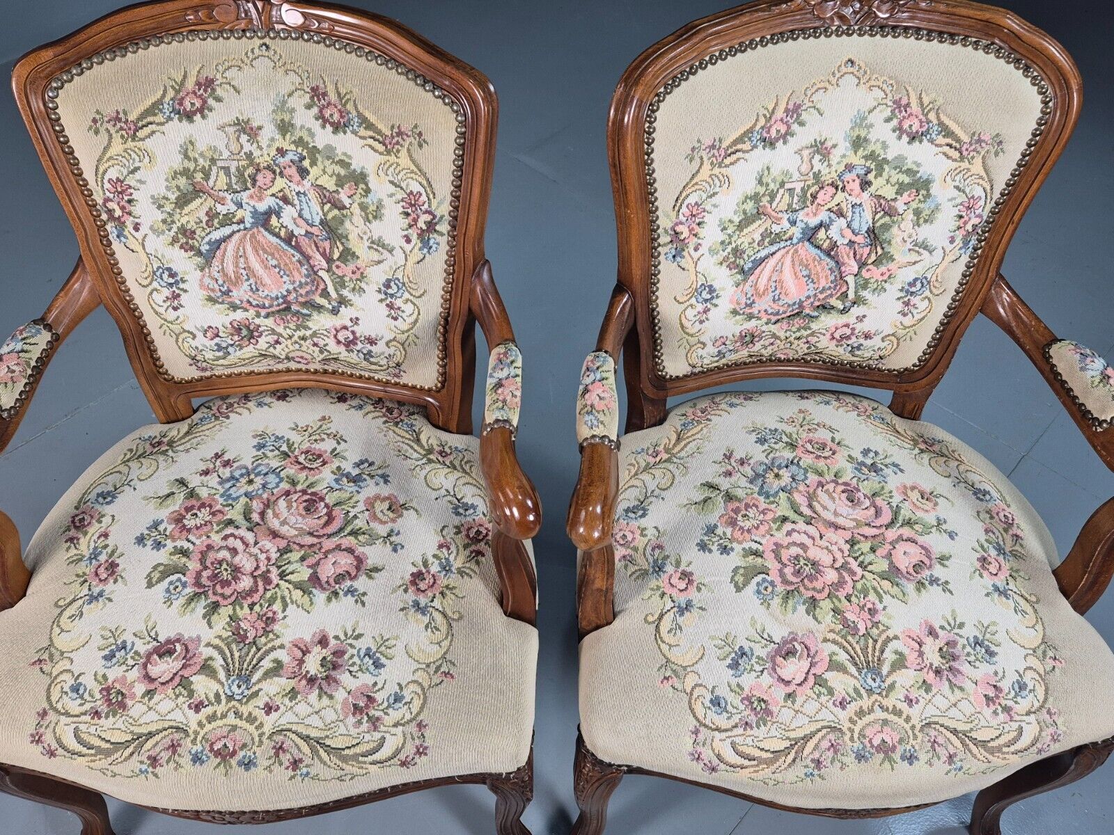 2 Vintage Danish Lounge Chairs Fauteuil Floral Tapestry French Repro EB8077 VCAR - UKDK FURNITURE