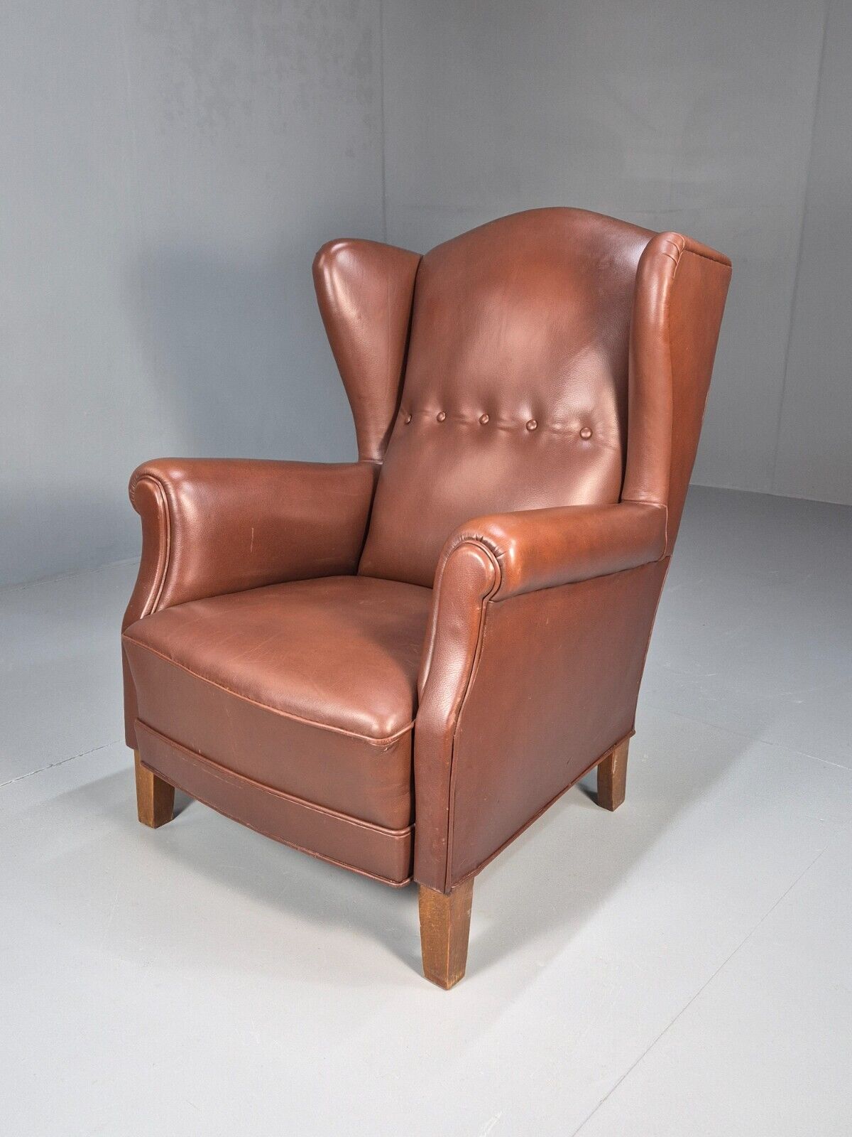 Vintage Danish Wingback Armchair Brown Leather Button Detail EB8782 VLEA - UKDK FURNITURE