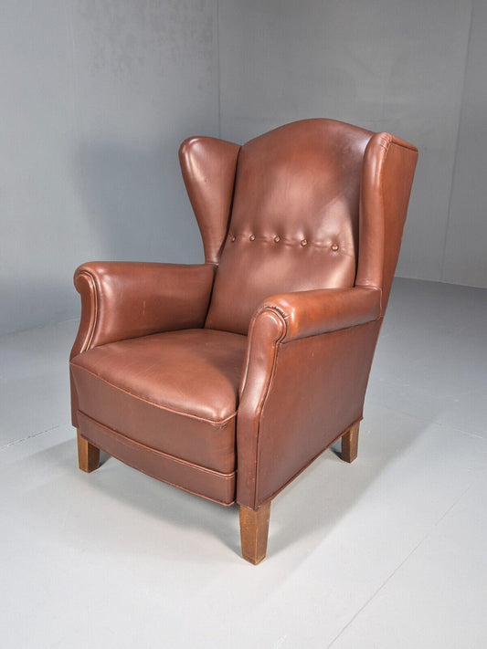 Vintage Danish Wingback Armchair Brown Leather Button Detail EB8782 VLEA - UKDK FURNITURE