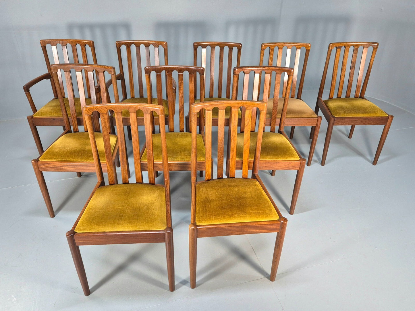 10 Vintage Meredew Teak Dining Chairs Gold Velour Upholstery 1970s EB9411 MDIN - UKDK FURNITURE