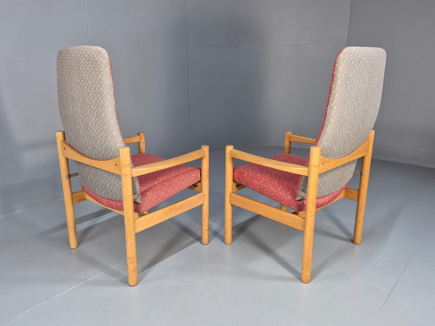 2 Vintage Danish High Back Armchairs Pink and Grey Oak Frame MCM EB9370 MNOR - UKDK FURNITURE