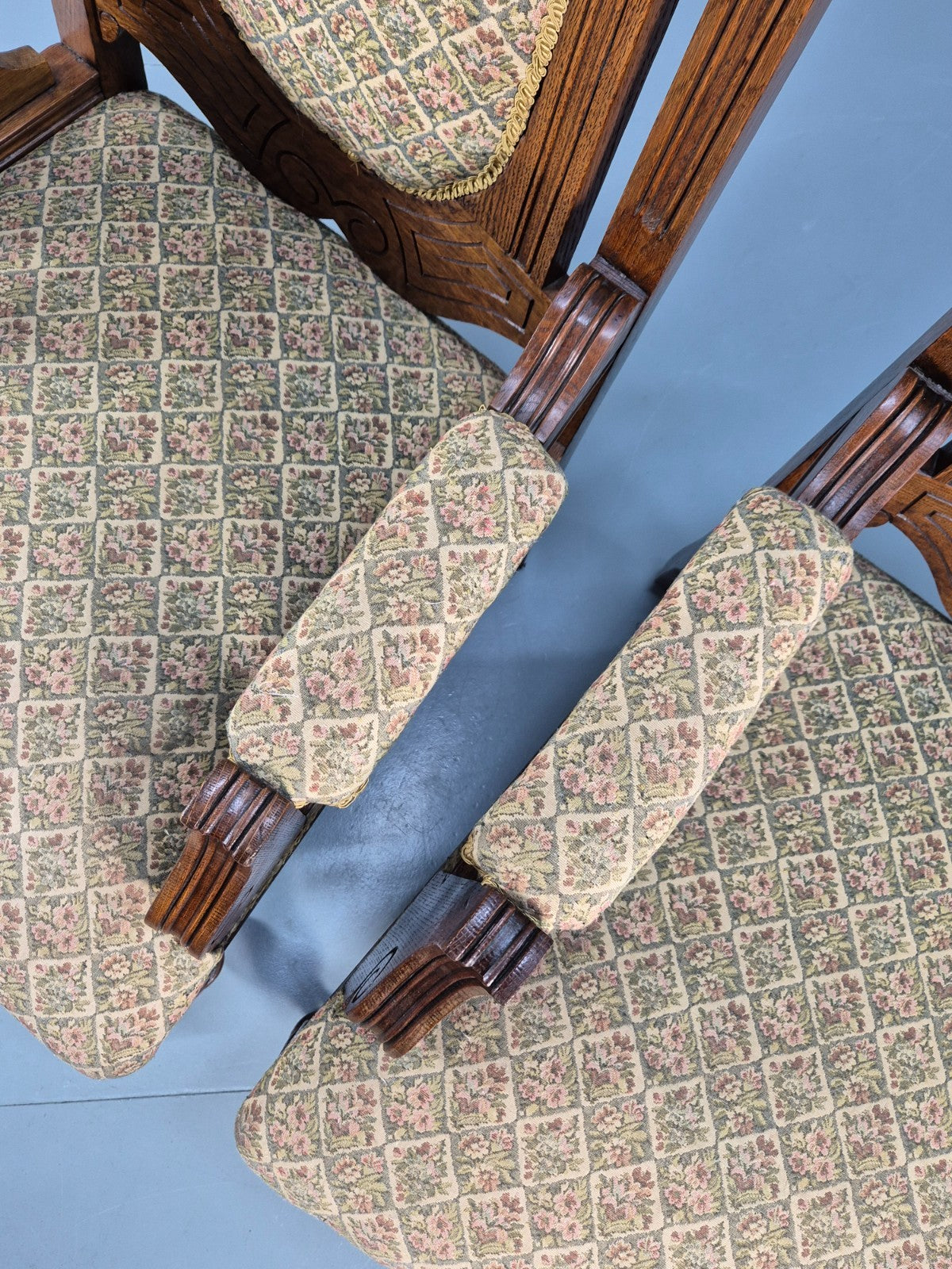 2 Edwardian Carved Oak Lounge Chairs Embroidery Upholstery 1900s EB10690 VCAR11