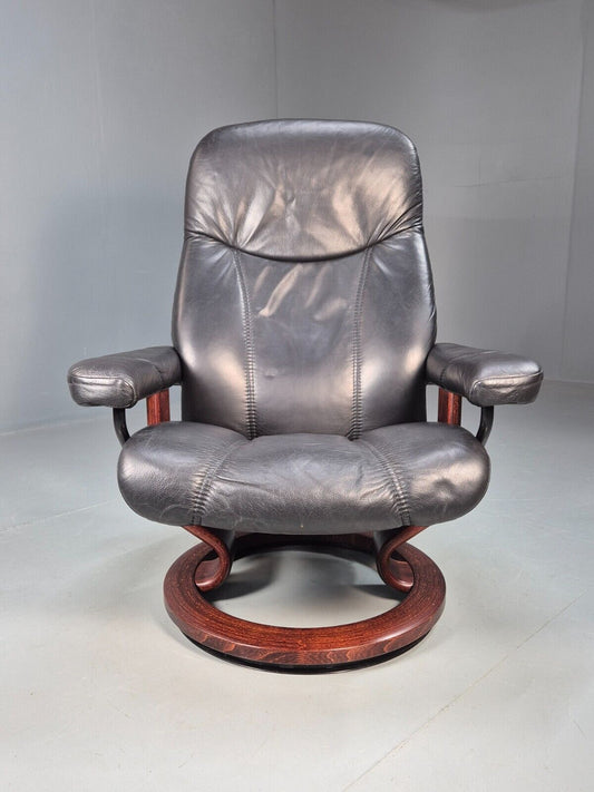 Vintage Norwegian Swivel Chair Black Leather Stressless MCM EB8503 MSWI - UKDK FURNITURE