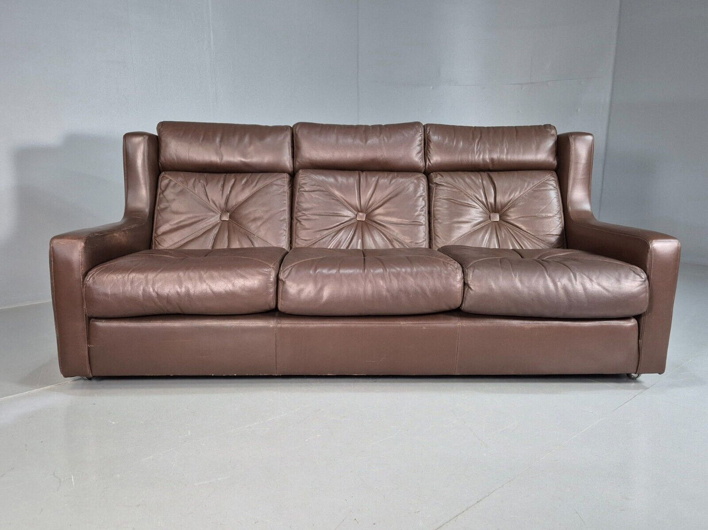 Vintage Danish 3 Seat Sofa Brown Leather Wing Back 1970s Retro MCM EB7977 M3SS - UKDK FURNITURE