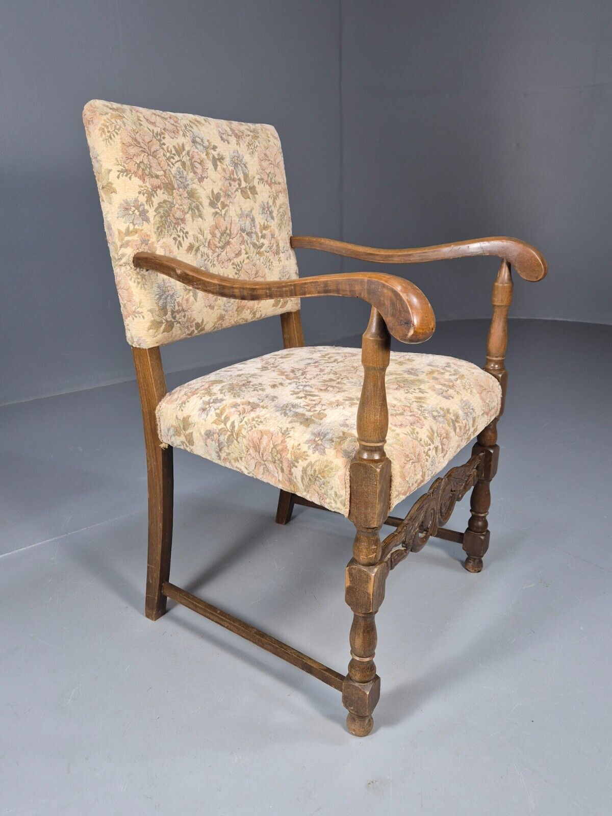 Vintage Danish Armchair Floral Cotton Oak Frame 17th Century Style EB8914 VCAR - UKDK FURNITURE