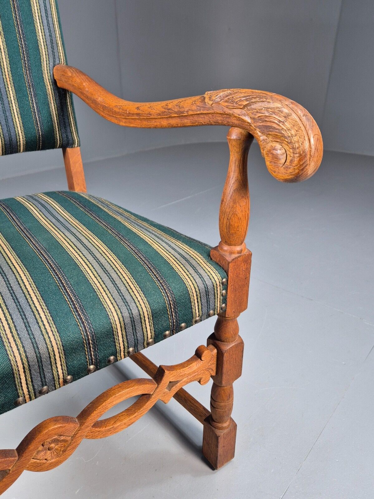 A Vintage Danish Baroque Style Armchair Green Wool Stripe Oak Frame EB9002 VCLO - UKDK FURNITURE