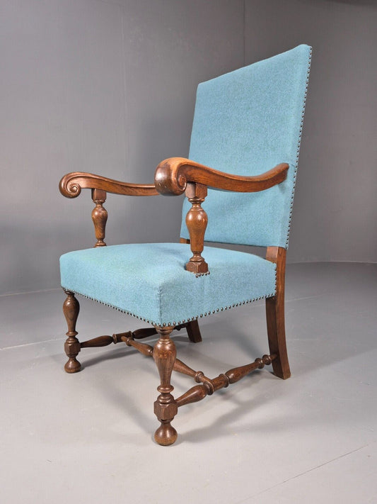 Vintage Danish Armchair Blue Carved Oak 17th Century Antique Style EB8992 VCAR - UKDK FURNITURE