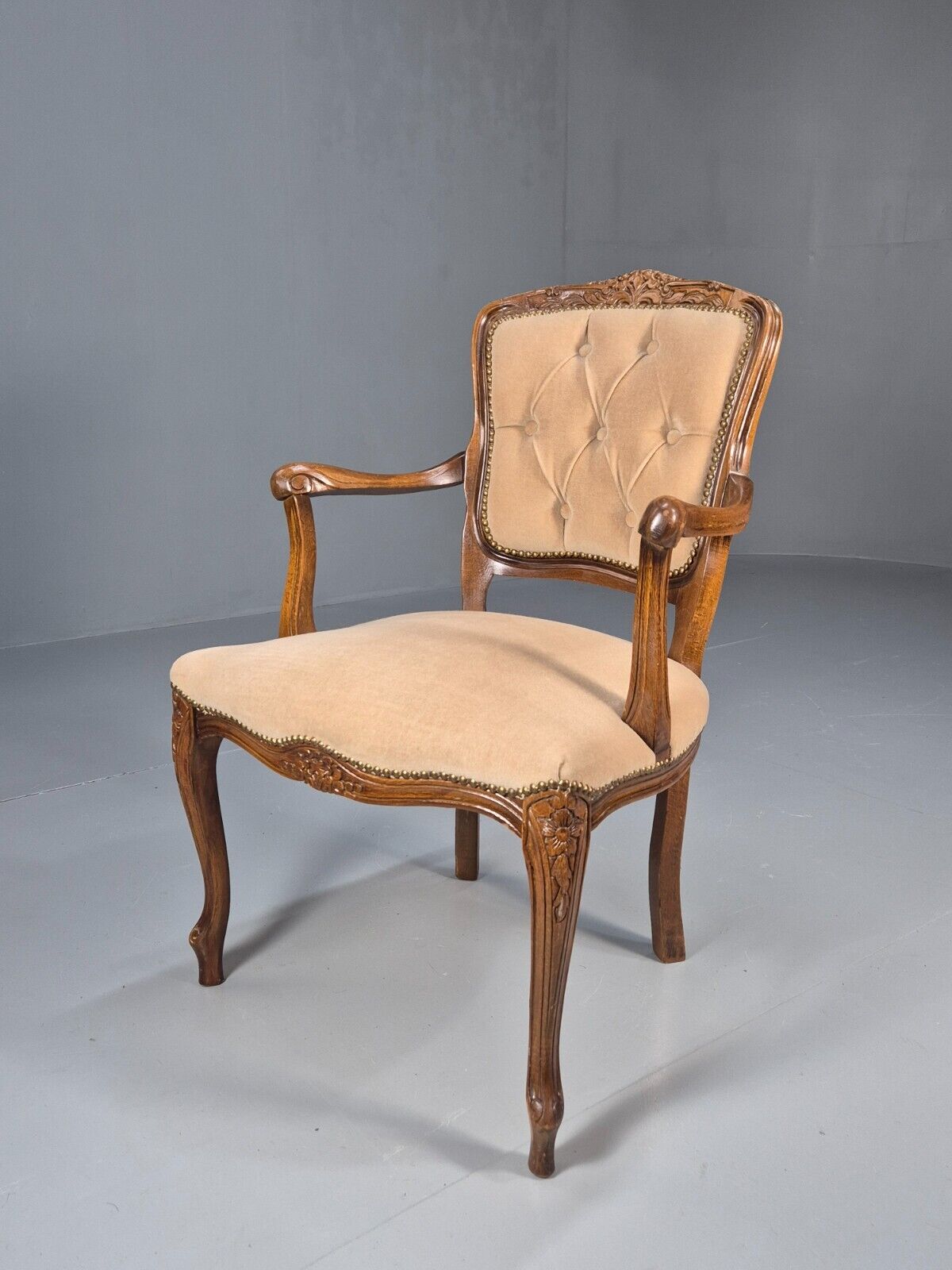Vintage Danish Antique French Style Elbow Chair Beige Velour EB8439 VDIN - UKDK FURNITURE