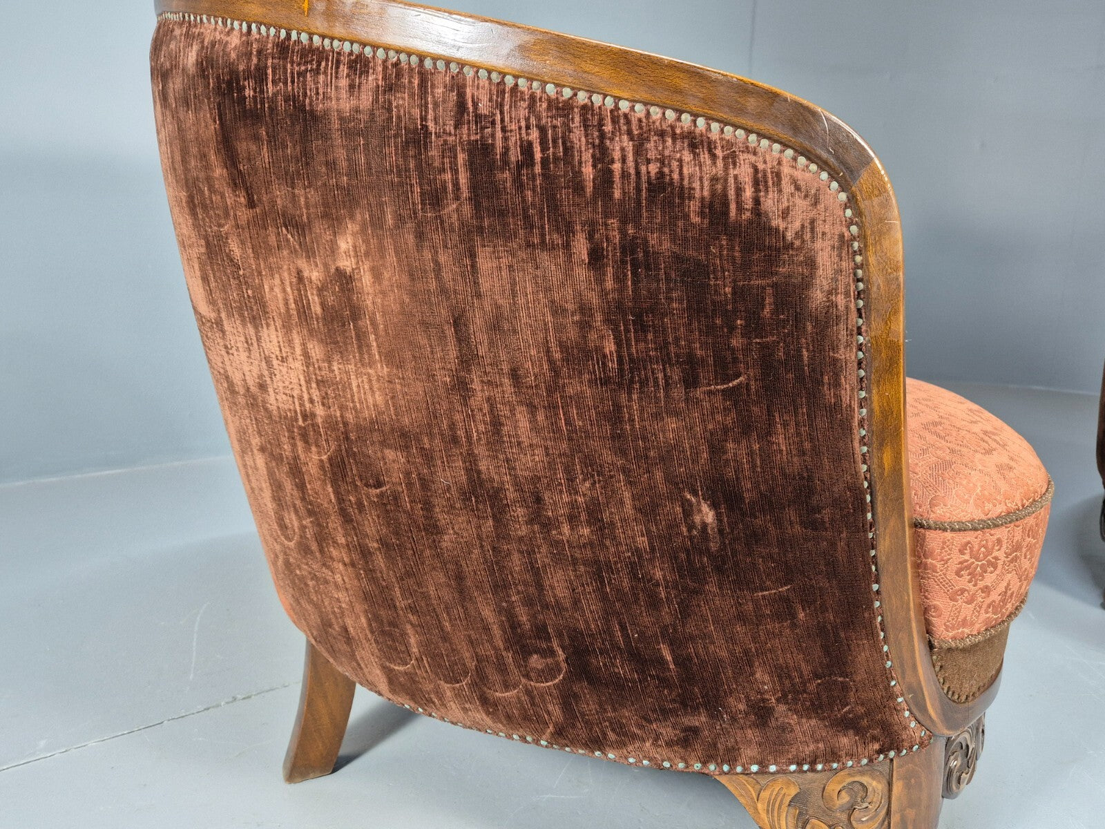 2 Vintage Art Deco Danish Tub Lounge Chairs Damask and Velvet 1940s EB9004 VCLO - UKDK FURNITURE