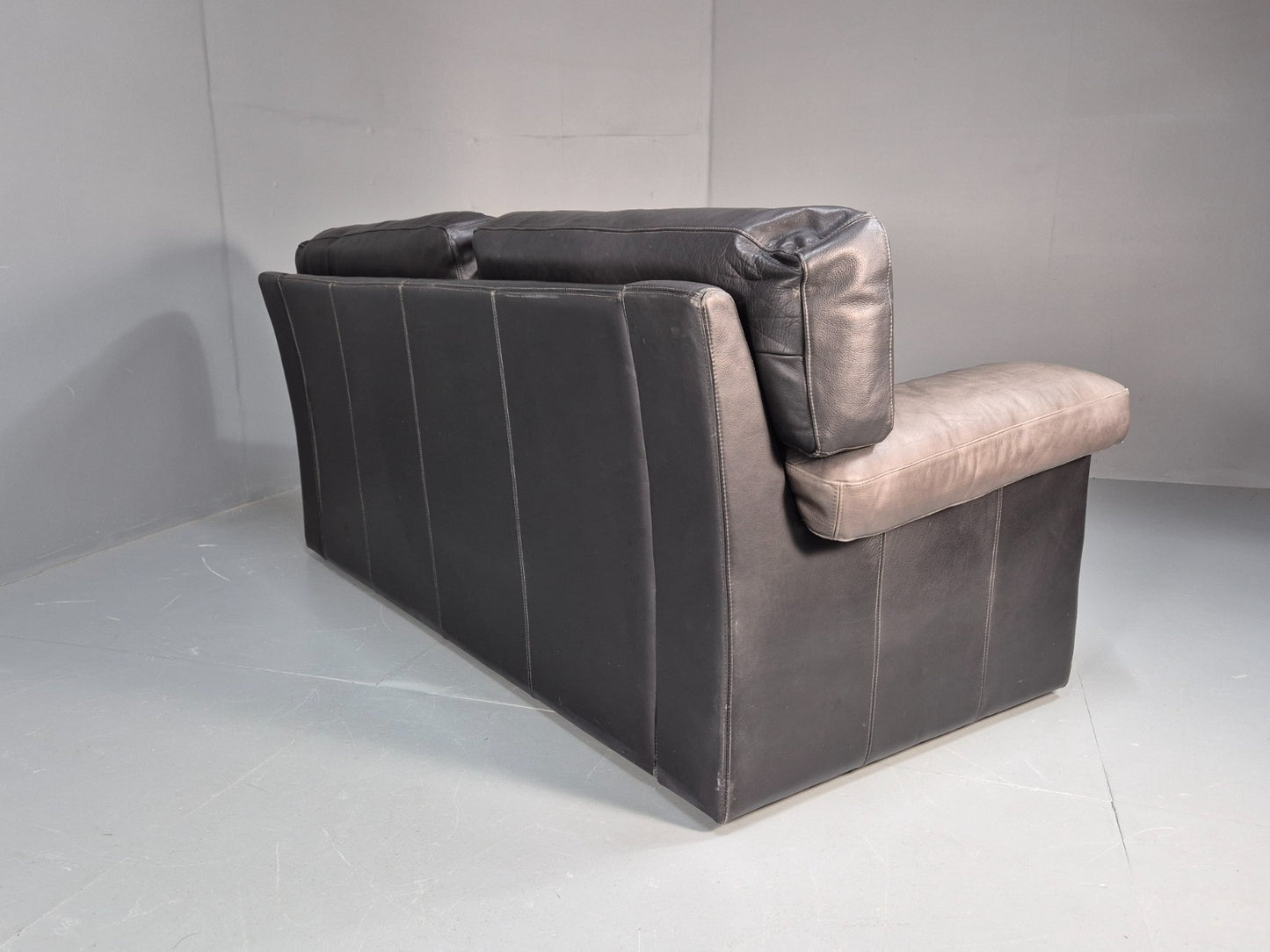 1980s Two Seater Sofa Faded Black Leather Boxy Style Retro Danish EB10714 M2SS13