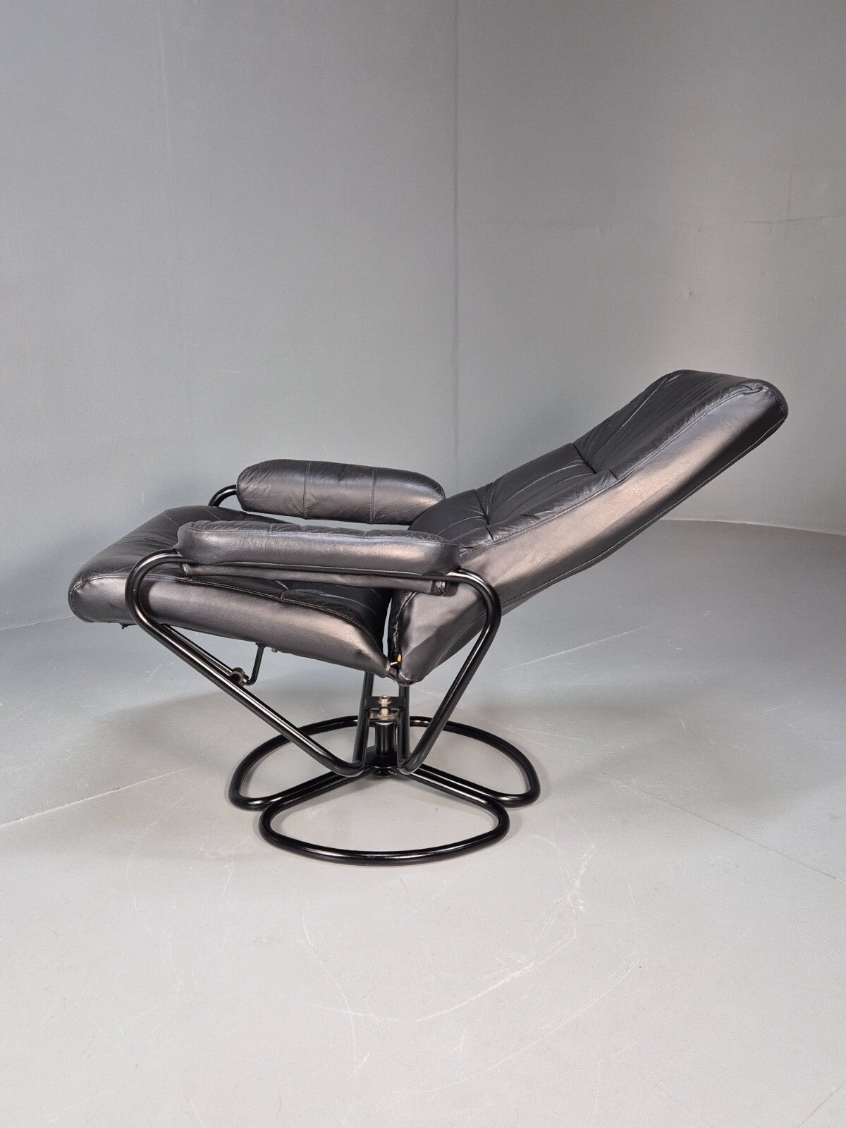 Vintage Danish Black Leather Vinyl Swivel Recline Chair 1980s Retro EB9311 MSWI - UKDK FURNITURE