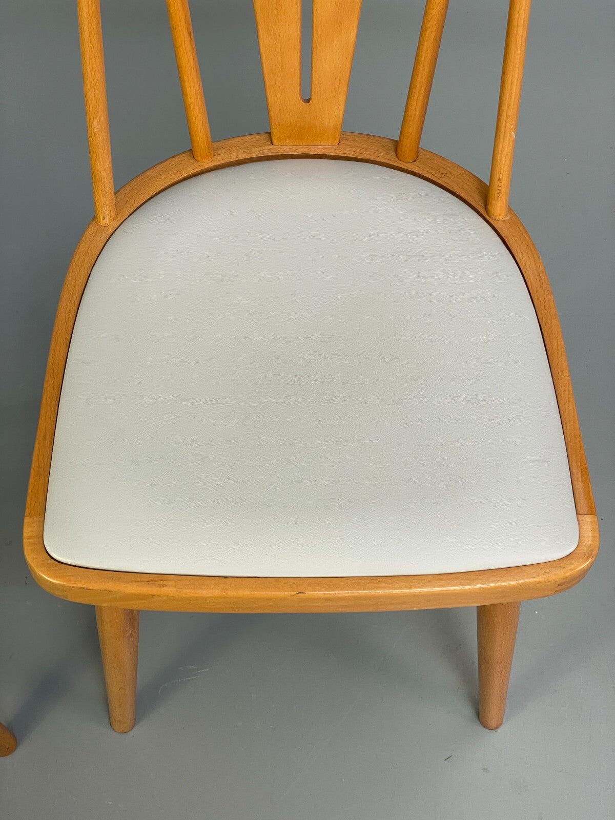 Mid Century Beech Dining Chairs Pair Off White Vinyl 1960s EB9779 MDIN - UKDK FURNITURE