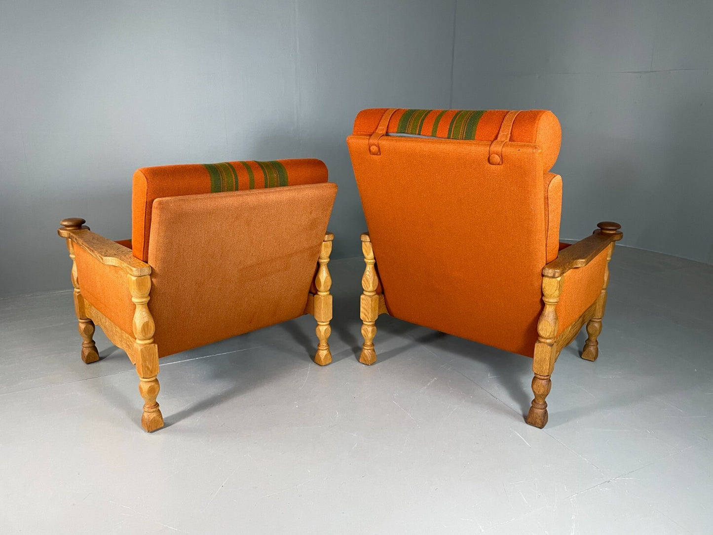 2 Vintage Danish Lounge Chairs Orange Green Oak Kjaernulf Retro MCM EB6716 MNOR - UKDK FURNITURE