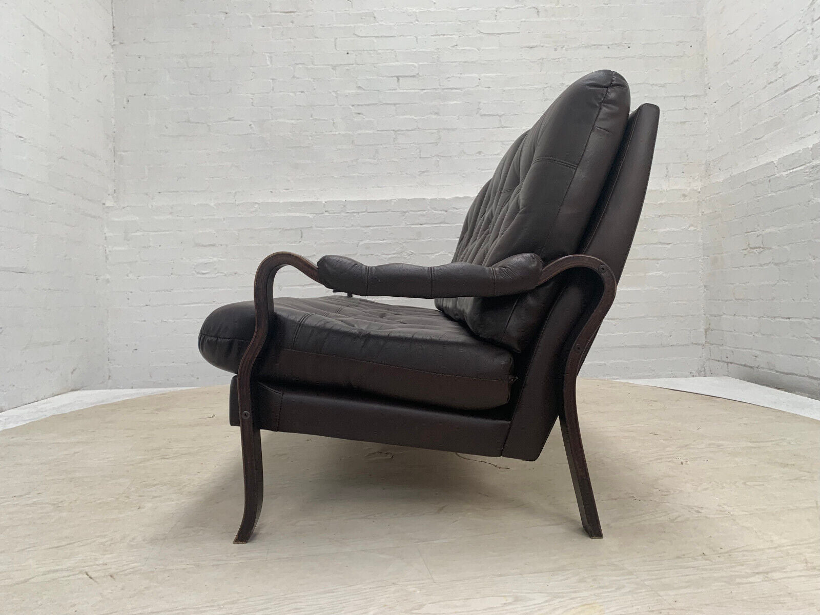 Danish Stained Beech, Dark Brown Leather & Vinyl Three-Seater Sofa EB3459 M3SS - UKDK FURNITURE