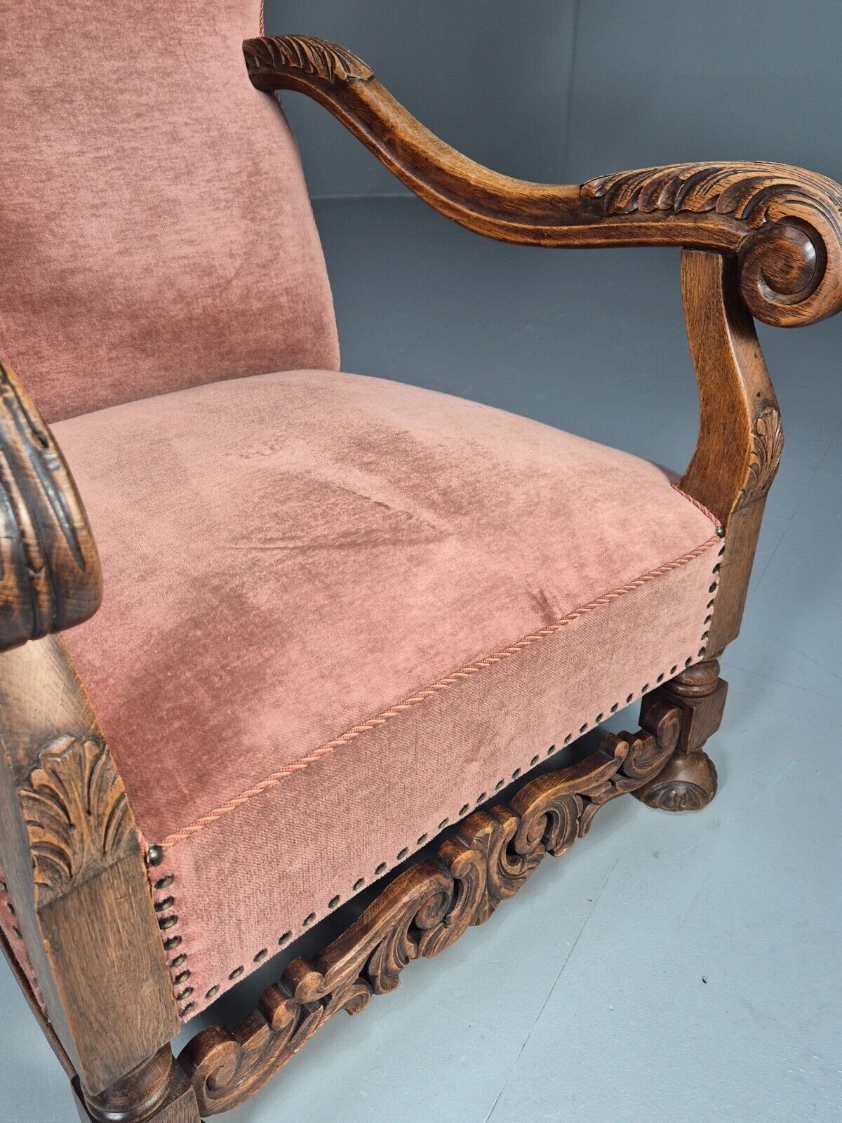 Vintage Danish Lounge Chair Pink Peach Velour Oak 17th Century Style EB8985 VCLO - UKDK FURNITURE