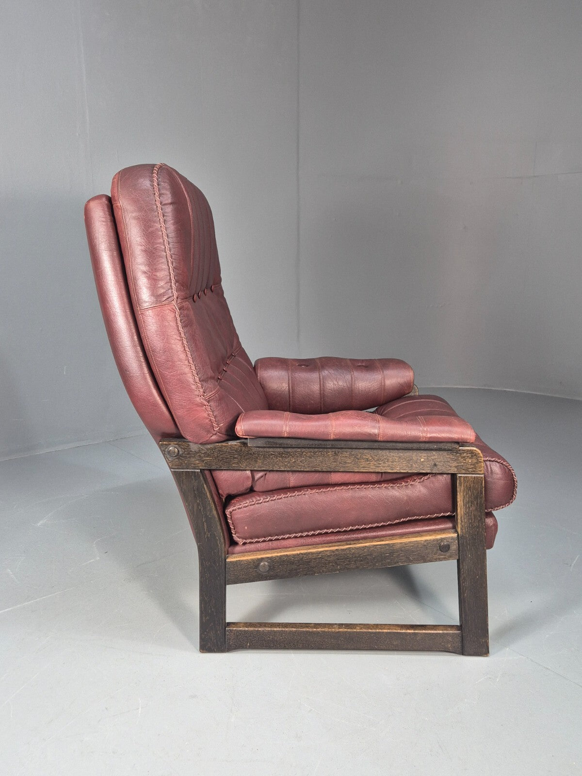 Vintage Burgundy Leather Lounge Chair Danish 1970s Beech Frame EB9793 MNOR - UKDK FURNITURE