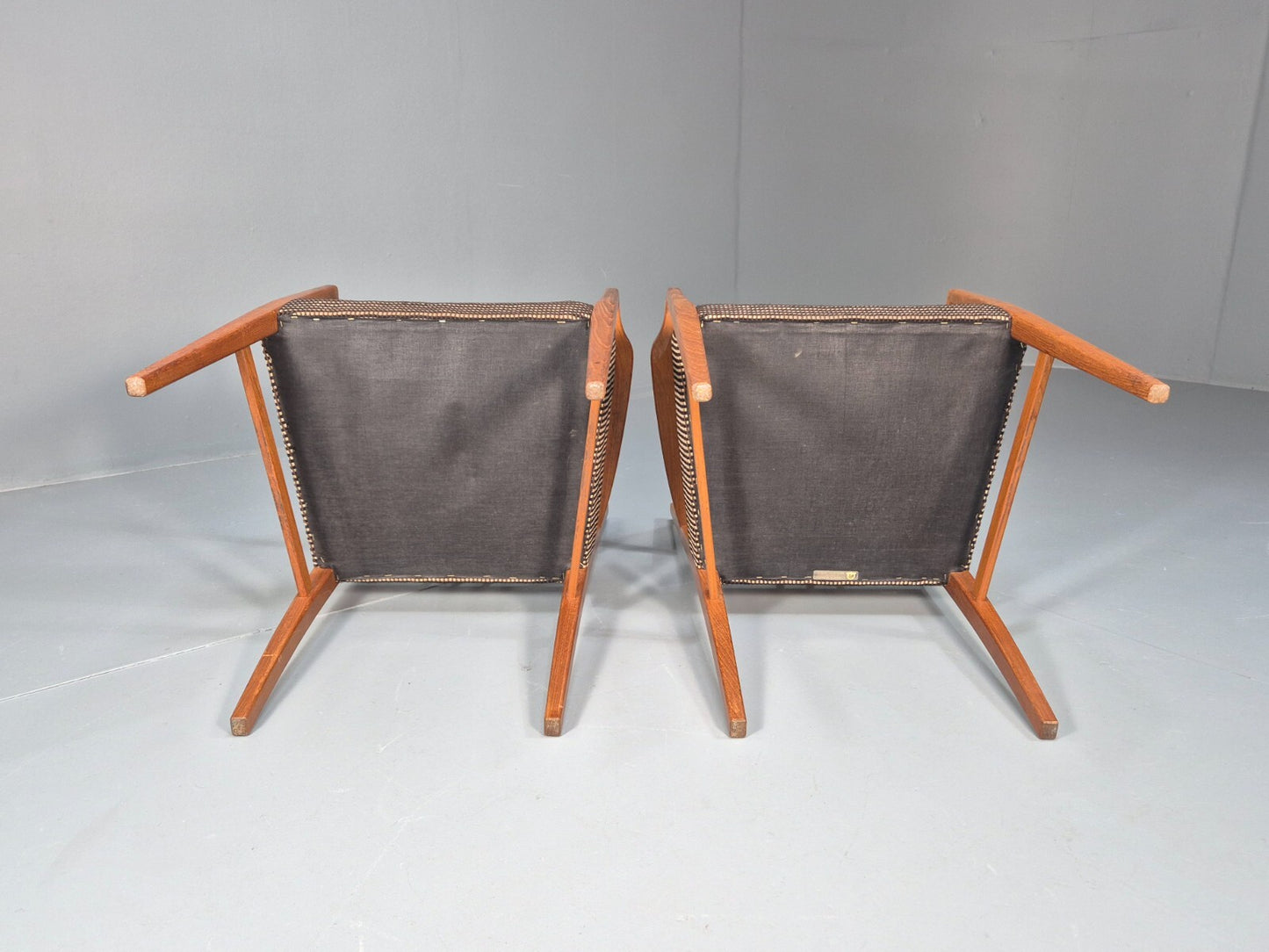 2 Gordon Russell Carver Dining Chairs Teak Green and Cream Wool MCM EB9748 MDIN - UKDK FURNITURE