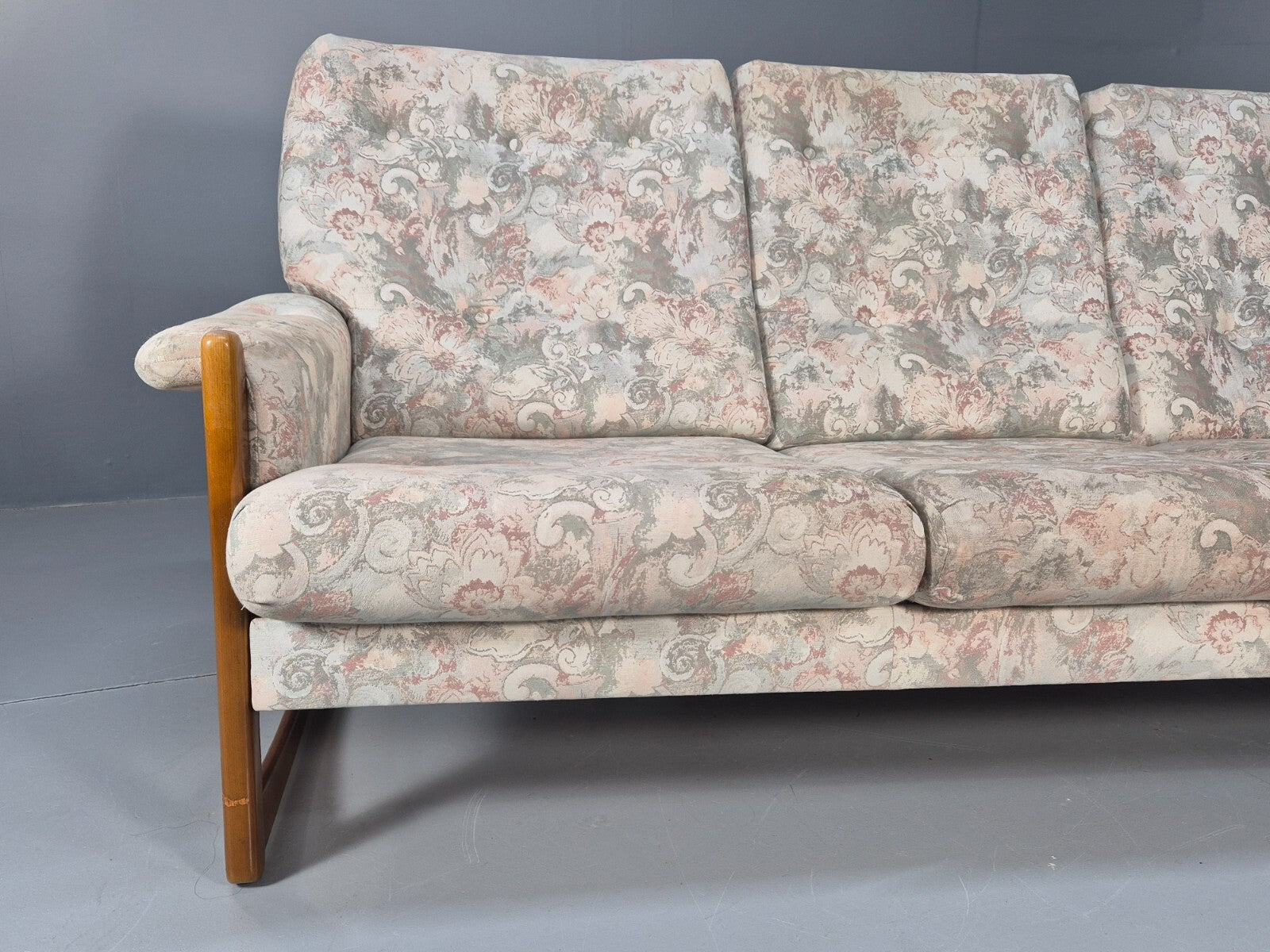 Vintage 1970s Wood Frame 3 Seat Sofa Floral Cotton Upholstery Retro EB9474 M3SS - UKDK FURNITURE