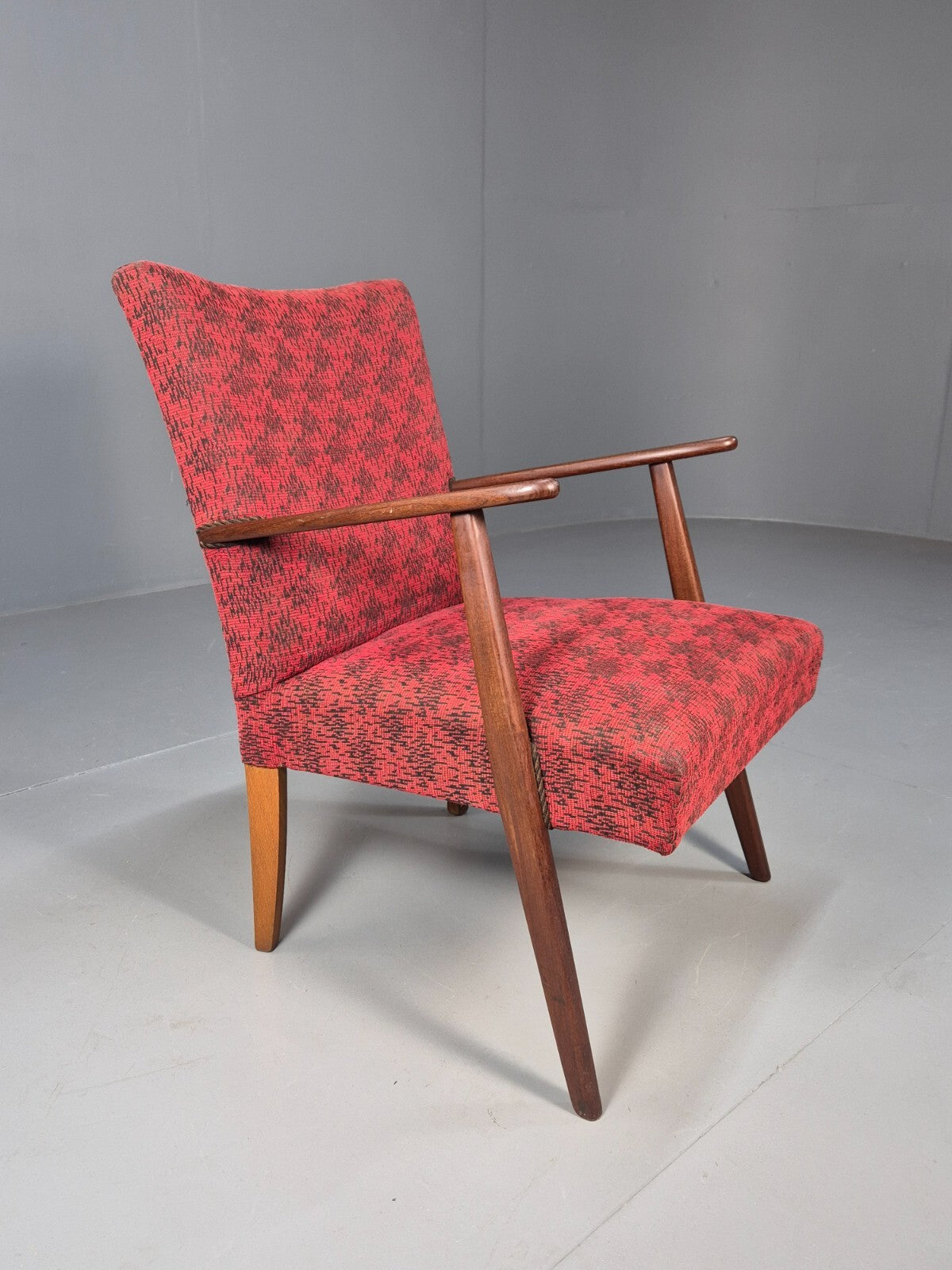 Mid Century Danish Armchair Teak Wood Red Pattern Fabric Vintage 60s EB9598 MNOR - UKDK FURNITURE