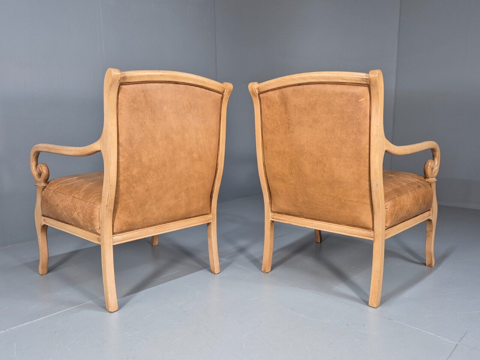 2 Vintage Lounge Chairs Tan Leather Cream Wood Frame Antique Style EB9028 VLEA - UKDK FURNITURE
