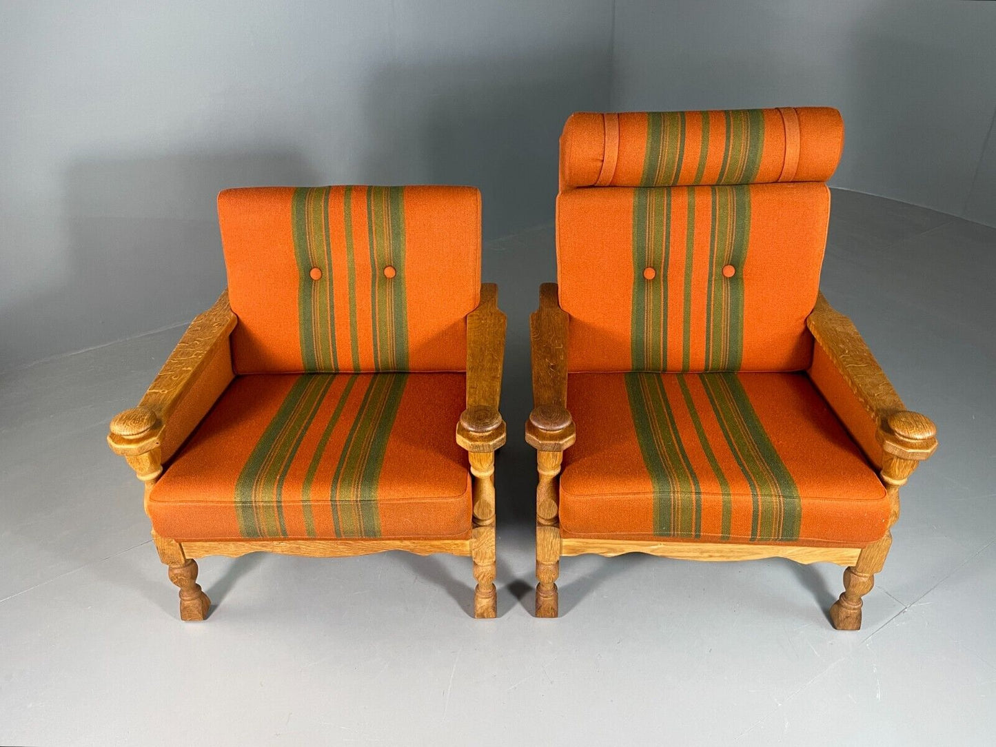 2 Vintage Danish Lounge Chairs Orange Green Oak Kjaernulf Retro MCM EB6716 MNOR - UKDK FURNITURE