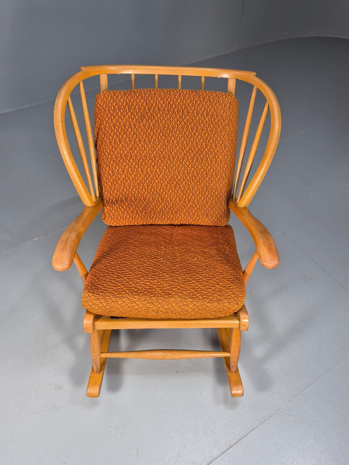 Vintage 1950s Rocking Chair Orange Pattern Fabric Beech Frame Retro EB9481 MNOR - UKDK FURNITURE