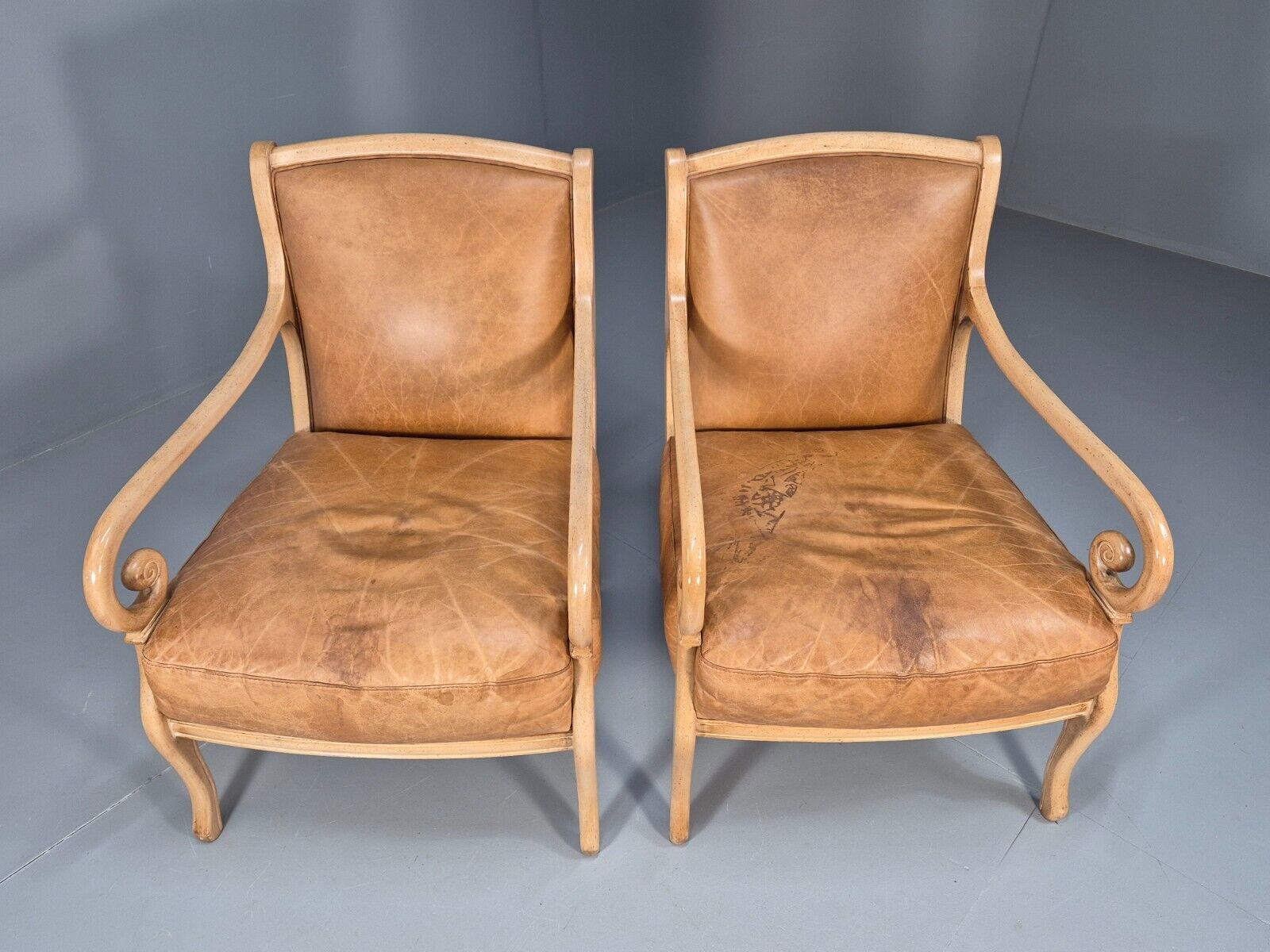 2 Vintage Lounge Chairs Tan Leather Cream Wood Frame Antique Style EB9028 VLEA - UKDK FURNITURE