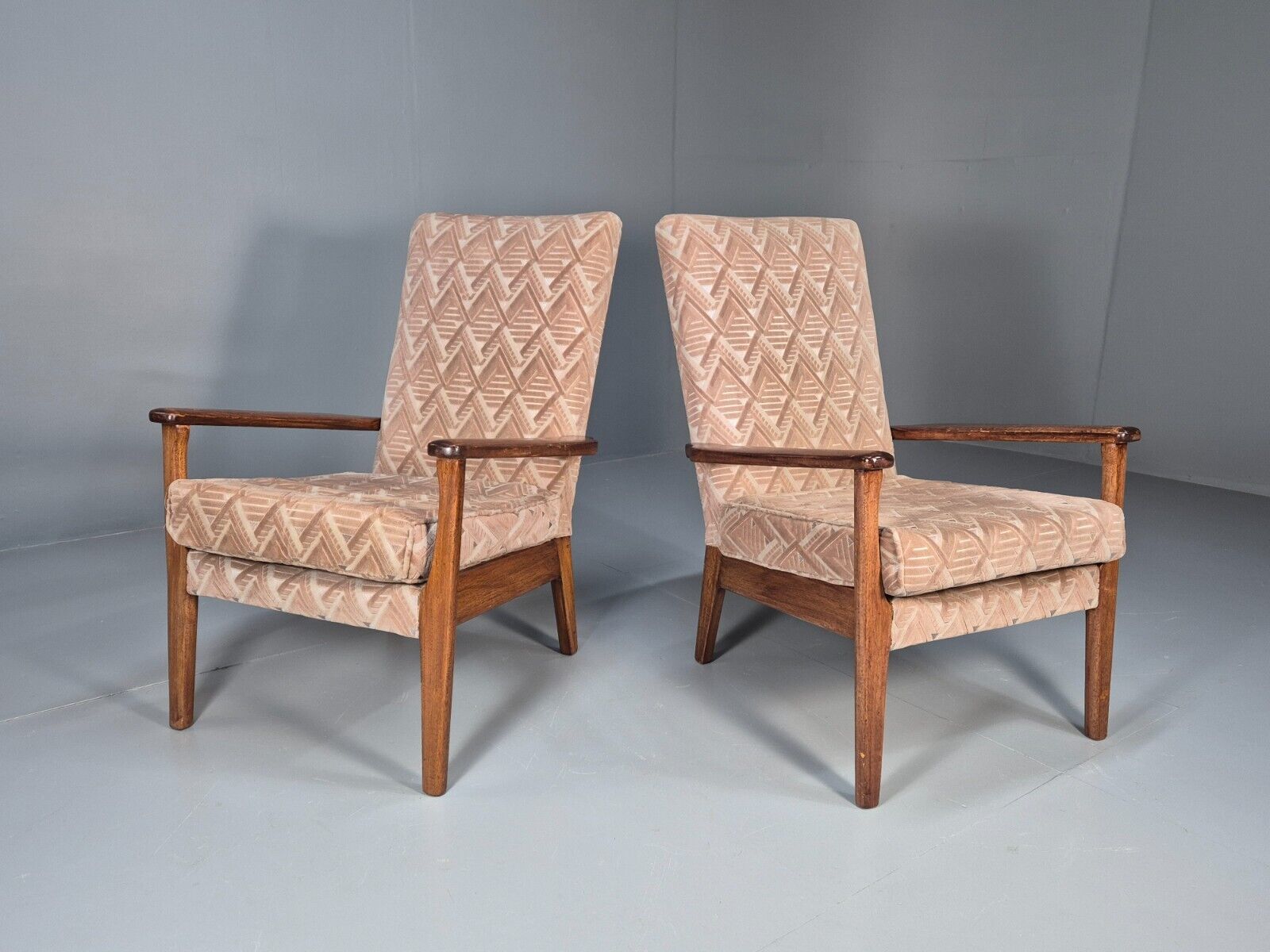 Vintage Parker Knoll Armchairs Pair Deco Pink Fabric Stained Beech EB8866 MCLO - UKDK FURNITURE